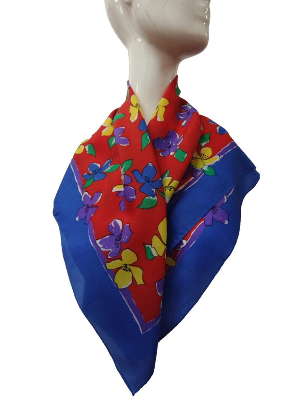 Vintage Cobalt Blue Red Scarf Italy Purple Yellow Floral 1980s SARAH COVENTRY